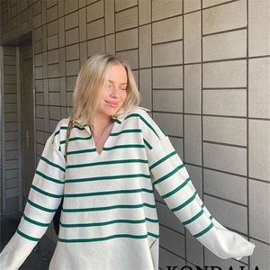 Women's Knits Tees KONDALA Vintage Green Striped Knitted Oversized Long Sweaters Women V Neck Casual Loose Pullovers Female Elegant Tops 220915