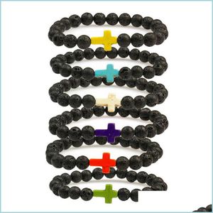 Beaded Strands New Strands Essential Oil Per Diffuser 8Mm Black Lava Cross Stone Beads Bracelet Stretch Yoga Jewelry 843 Q2 Drop Del Dhhry