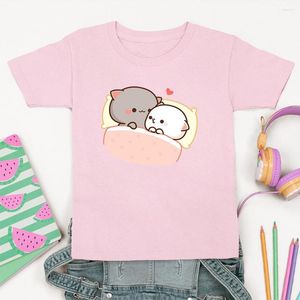 Shirts Pink Sweet Style Girl T-shirt Kawaii Kittens Printed Cartoon Kids Shirt Dropship Short Sleeve All-match Cozy Tee Enfant