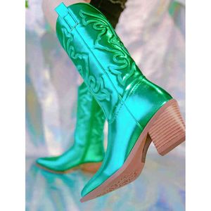 Botas botas ocidentais para mulheres cowgirls cowgirls bordados de design bordado boots de moda grossa de salto em calcanhar em confortável 2022 sapatos novos prata bling t220915