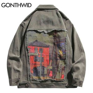 Herrjackor gonthwid hiphop denim jacka streetwear mens vintage målning rippade jeanrockar 2022 harajuku höst bomull jackor green khaki t220914