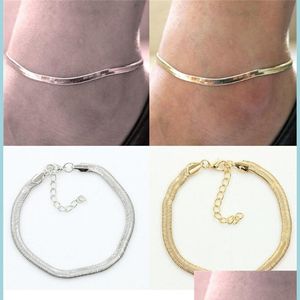 Ankletter Ny Sier / Gold Flat Snake Chain Anklet Armband Kvinnor Simple Delicate Foot Summer Beach Feet Jewelry Lots 12 PCS 189 W2 Drop Dhejc