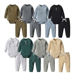 Kläduppsättningar födda Baby Boys Girls kläder Set Cotton Solid Sticked Ribbed Long Sleeve Bodysuit and Pants Spädbarnsklädkläder 220915