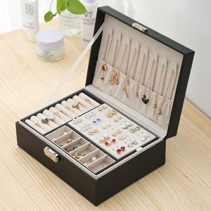 Jewelry Pouches Double-layered Wooden Leather Box With Lock Earrings