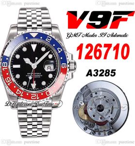 V9F GMT II Pepsi A3285 Automatisk Herrklocka V4 40mm 126710 Röd Blå Keramisk Bezel Svart Urtavla 904L JubileeStålarmband Super Edition Samma serie Kort Puretime C3