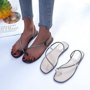 Sandálias COOTELILI Mulher Flats Sapatos Moda Verão Salto Liso Redondo Toe Diamante Decoração Plus Size