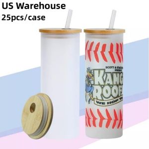 US Warehouse 25oz Sublimazione Bicchiere di vetro smerigliato dritto Bottiglia d'acqua vuota con coperchio in bambù Paglia Tazze di birra fai da te Tazze di caffè B6