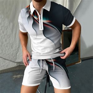 남자 트랙 슈트 남성용 세트 3D 컬러 번개 인쇄 여름 짧은팔 폴로 셔츠 반바지 반바지 반바지 패션 지퍼 폴로 셔츠 2 피스 220914