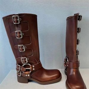 2022 novas botas femininas até o joelho fivela de metal rebites punk gótico inverno botas longas calçado feminino salto baixo tubo médio sapatos