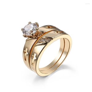 Wedding Rings Elegant Romantic 2 Jewelry Cross Design For Men And Women Couple 18 K Yellow Gold Color Cubic Zircon