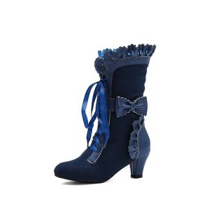 Botlar Kadın Ayakkabı Sonbahar Kış Vintage Dantel Yukarı Yüksek Topuk Mavi Şarap Kırmızı Siyah 220915