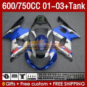 OEM Fairings Tank dla Suzuki GSXR600 750cc GSXR-750 K1 2001-03 152NO.34 600 cm3 GSXR 600 750 CC GSXR750 01 02 03 GSXR-600 2001 2002 2003 Forma Otrzymana Forma Ogrodnia Blue Srektury srebrne