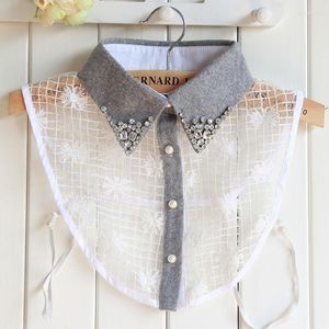 Bow Ties Women Half Shirt Cotton Lace Flower Chic Blouse Tops Detachable Fake Collars Lady Cardigan Button Rhinestone Lapel False Collar