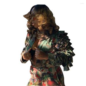 Women's Jackets Sexy Women's Green Camouflage Cacading Ruffles Flare Sleeve Streetwear Military Outcoat