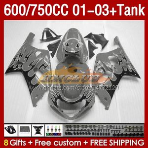 Injektion Mold Fairings Tank för Suzuki GSXR750 GSXR-750 750cc K1 600cc 01-03 152no.119 GSXR 750 600 CC GSXR600 2001 2002 2003 GSXR-600 01 02 03 OEM FAIRING GRÅ FLAMS BLK