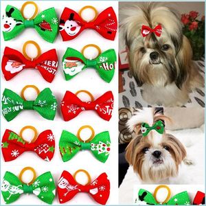 Dog Apparel Cute Dog Christmas Hair Bows Handmade Bowknot Ties For Puppy Pet Headwear Grooming Accessories With Rubber Bands Drop Del Dhtv9