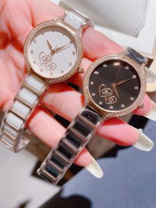 New Women Quartz Numerals Watches Geometric Double Heart Shape Watch Stainless Steel Ceramic Strap Wristwatch Zircon Dial Female Clock 30mm Waterproof