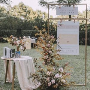 Party Decoration Event Welcome Billboard Rack Shiny Gold Iron Arch Flower Plinth Square Shelf Wedding Reception Area Backdrop Hanging Frame