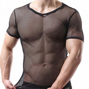 Мужские футболки мужчины сексуальные фитнес прозрачные T Рубашки гей смешные сетки вырезы Tess Designer подчеркивая модная бренда сетка Fishnet I4JB