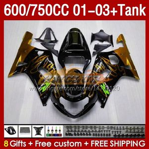 Wtryskowe owiewki formy zbiorniki dla Suzuki GSXR750 GSXR-750 750cc K1 600cc 01-03 152no.123 GSXR 750 600 CC GSXR600 2001 2002 2003 GSXR-600 01 02 03 OEM Fairing Golden Flames