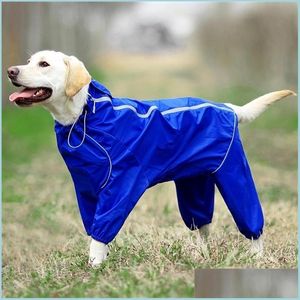 Hundkläder Pet Dog Raincoat Reflective Waterproof dragklappkläder Hög hals Huven Jumpsuit för små stora hundar Overaller Regnlock La Dhlqd
