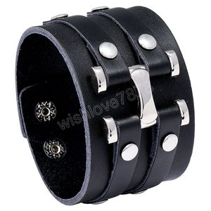 Botão de pulseira de couro amplo Botão multicamada Botão Ajuste Ajuste Pulseira Pulseira para homens Jóias de moda Black