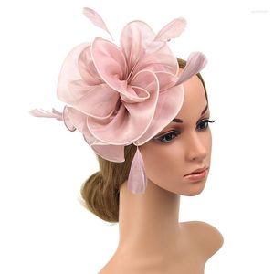 Kopfbedeckungen, Fascinator mit Stirnband, Feder, Blumenmuster, Pillbox-Netzhut für Damen, Cocktail-Rosa