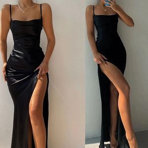 Satynowy bok czarny podzielony syrena wieczorowe sukienki spaghetti seksowne budy