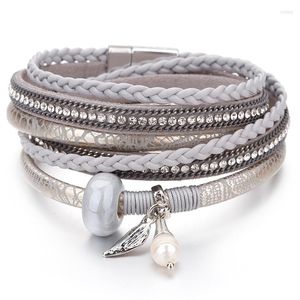 Charm Bracelets Amorcome Braided Silver Color Leather Wrap Bracelet Boho Multilayer Strands Double Wrapped Cuff For Women