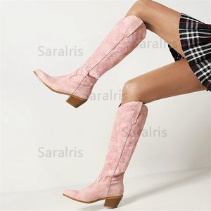 Stivali Cowgirl Women Western Winter Ricamo Fashion Knee High Big Size 45 Short Plush Elegant Shoes 220914