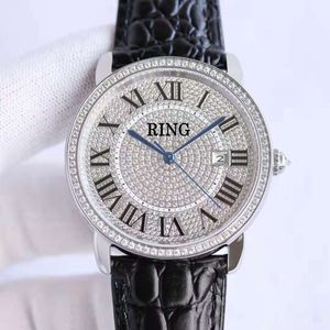 AAA Herr Full Diamond Watch Calfskin Strap Size 42mm316L Rostfritt stål Fodral 50 meter vattenmotstånd