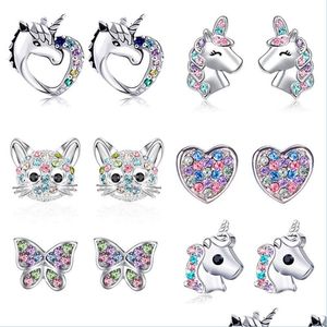 Stud Cute Stud Earrings For Little Girl Kids Crystal Cat Butterfly Rainbow Heart Star Earring Christmas Gift Jewelry Drop Delivery 202 Dhhbd