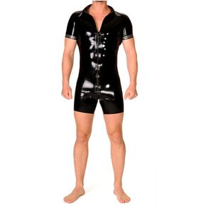 Moda masculina fantasia de macac￣o de gato pvc Couro falso preto collant de manga curta Clube Clube Clube Festas Bodysuit de 3 vias do z￭per da frente para o quadril