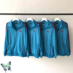 Men's Jackets AWGE Needles Track Blue and Red Striped Webbing Butterfly Embroidery AWGE Zipper Jacket T220914