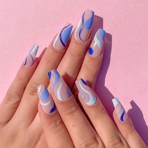 False unhas 24pcs/caixa de unhas destacáveis ​​Pressione Pressione em azul/rosa Fake With Wavy Pattern Design Square Head Tampa Completa