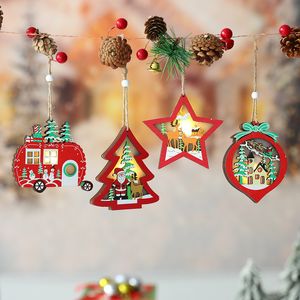 Juldekorationer Creative LED Light Tree Hanging Pendant Star Car Round Wood Ornament Xmas Party Year Decoration 2023 220914