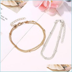 Anklets 20Pcs/Lot Double Layer Gold Anklets European Fashion Summer Foot Jewelry For Women Beach Beads Geometric Ornaments 343 Q2 Dro Dhhyr