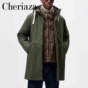 Jackets masculinos Cheriaza Winter Men New Army Green Parka Capuz Mangas compridas roupas de algodão de comprimento médio