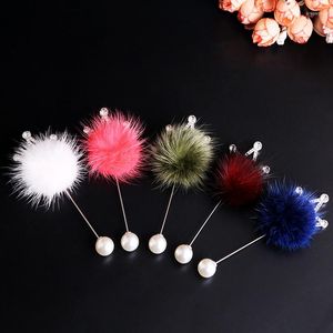 Brooches Ears Real Mink Hair Fur Ball Brooch Pins Pearl Long Needle Lapel Pin For Women Jewelry Ladies Accessories