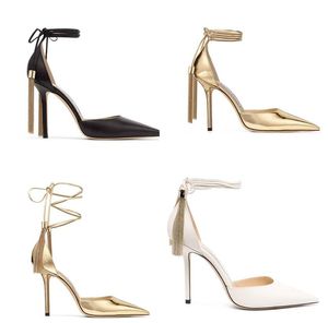 Elegant Summer Eris Women Sandals Shoes Black Gold Nappa Leather Pointed Toe Lady Pumps Beaded Tassels Ankle Strappy Lady High Heels