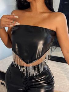 Women's Tanks Wsevypo Black PU Leather Cropped Tube Tops Summer Punk Style Women Rhinestone Tassel Off-Shoulder Strapless Bandeau Vest