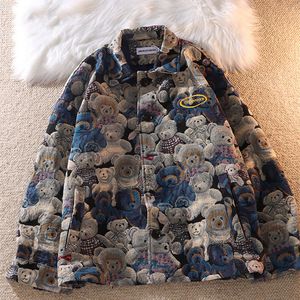 Men's Wool Blends Gold Silk Full Print Bear Baseball Uniform Men Couple 3D Relief Jacket Lapel Single Breasted Streetwear Casual Harajuku Coats 220915