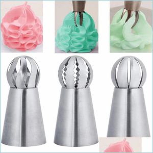 Cake Tools 3Pcs/Set Cupcake Stainless Steel Sphere Ball Shape Icing Pi Nozzles Pastry Cream Tips Flower Torch Tube Decoration Tools D Dhtr3