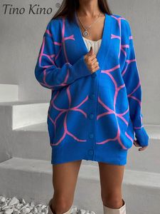 Randig höstkvinnor tröja kofta överdimensionerad stickad linje v-ringning kvinnlig cardigans 2022 mode casual långärmad topphoppare