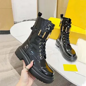 Designer Women locomotive Boots Gold metal letters Genuine Leather Thick bottom Martin Boot Platform Middle heel Autumn and winter Shoes Size 35-41 With box