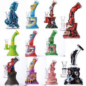 Wholesales Unique Halloween Style Small Hookahs Glass Beaker Bongs Thick Heady Glass Bong Colorful Octopus Eyes Teeth Water Pipes 14mm Joint Oil Dab Rig With Bowl