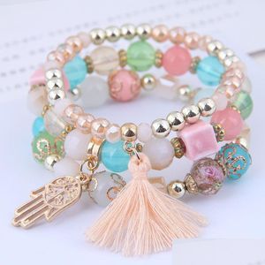 Charm Bracelets 5 Colors Bohemian Beaded Bracelets Set Mtilayer Palm Tassel Pendant Temperament Bracelet For Women Girls Fashion Jewe Dhpve