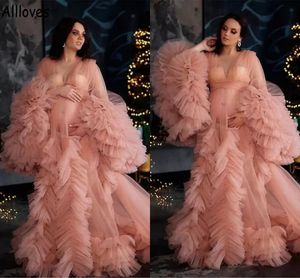 Abiti da ballo rosa taglie forti per le donne incinte Splendide increspature Tulle Maniche lunghe Abiti da sera Sweep Train Arabo Aso Ebi Maternità Photohoort Abbigliamento formale CL1139