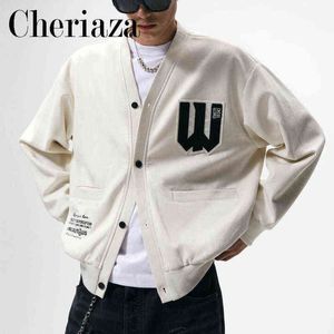 Herrjackor Cheriaza Autumn Winter Men American Retro Faux Suede Baseball Jacket Casual Long Sleeves Slipe White Simple Cardigan Coat T220914