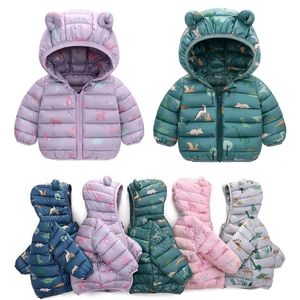 Вниз пальто, маленькие девочки с капюшоном для детских мультипликационных панелей в мультипликационные шкалы осенние мальчики теплый топ -малыш -молния верхняя одежда JYF 220915